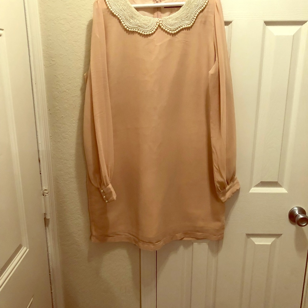 Beautiful blush short dress with pearls neckline